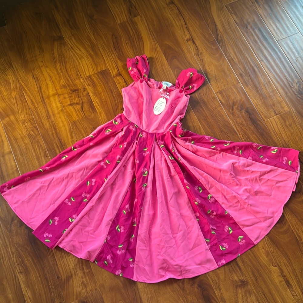 Unique Vintage Hot Pink & Heart Cherry Stripe Swing Dress Valentine’s Day